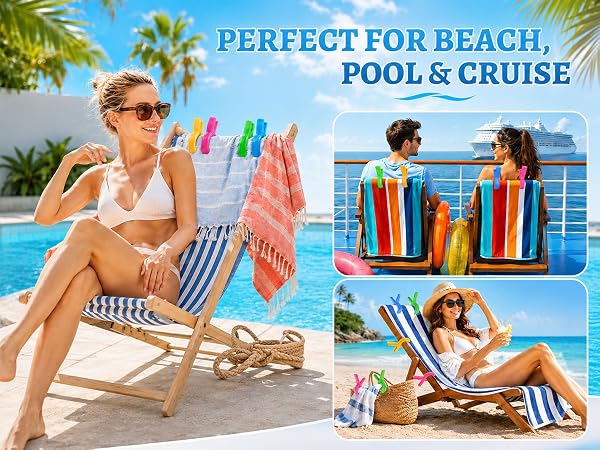 Beach towel clips for beach, pool, cruise ship and resort vacations