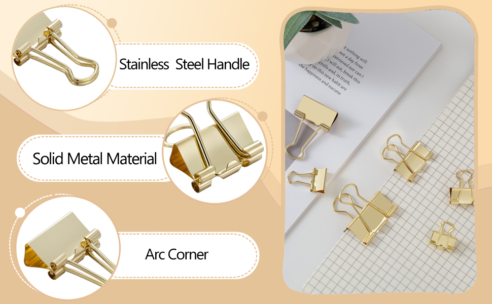 100-piece multi-size gold binder clips: solid metal, stainless steel handles, arc corners