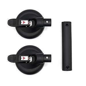 Two black circular suction cup mounts with release levers and a cylindrical connecting rod shown against white background.