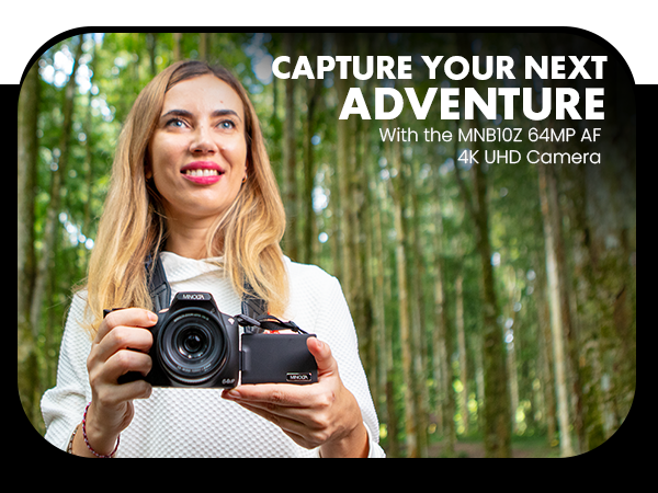 MNB10Z 64MP 4K UHD Autofocus Digital Camera with accesible neck strap and 180 degree lcd screen