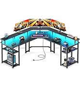 Coleshome L Shaped Gaming Desk with LED Lights &amp; Power Outlets, Reversible 56" Computer Desk with...