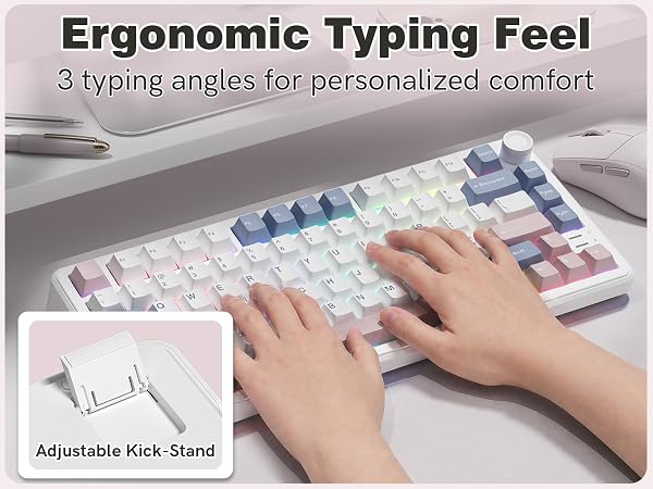 Keyporia L75 mechanical keyboard with adjustable kickstand for 3 ergonomic typing angles.