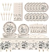 CHUNNIN 98Pcs Cowboy Birthday Paper Plates Napkins Tablecloth for Western Party Decorations Rodeo...