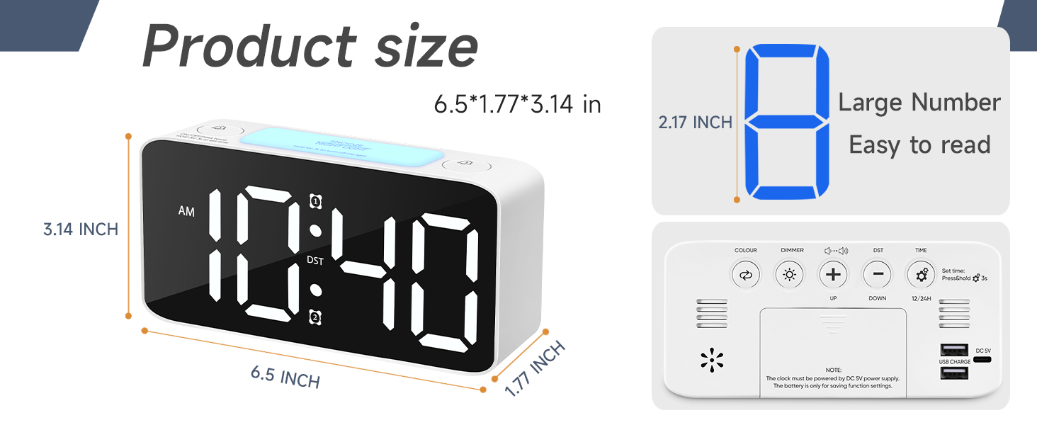 6.5 inch digital alarm clock large display 2.17 inch jumbo digits easy read bedroom bedside table