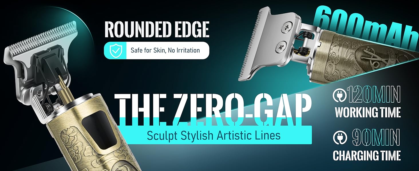Text reads 'THE ZERO GAP', 'ROUNDED EDGE', 'CHARGING TIME', 'WORKING TIME'. Similar trimmer product shot from different angle showing design details.