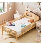 DUMOS Twin Size Kids Bed with Storage - Solid Wood House Headboard &amp; Safety Guardrails, Space-Sav...