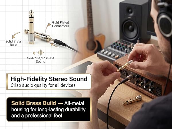 6.35mm to 3.5mm stereo adapter solid brass gold-plated for Hi-Fi sound.