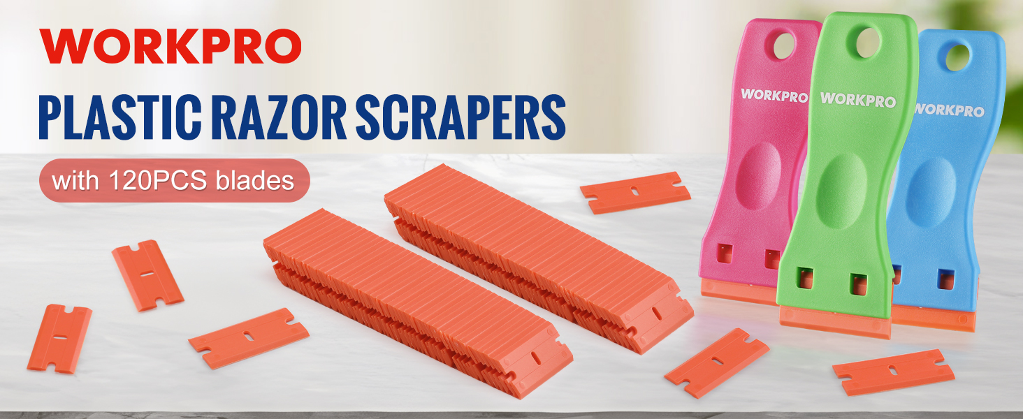 WORKPRO 3pc Plastic Razor Scrapers with 120pk Plastic Razor Blades