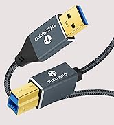 High-quality USB cable with braided black cord and gold-plated connectors shown from multiple angles. Metal connectors feature blue and grey industrial design elements.