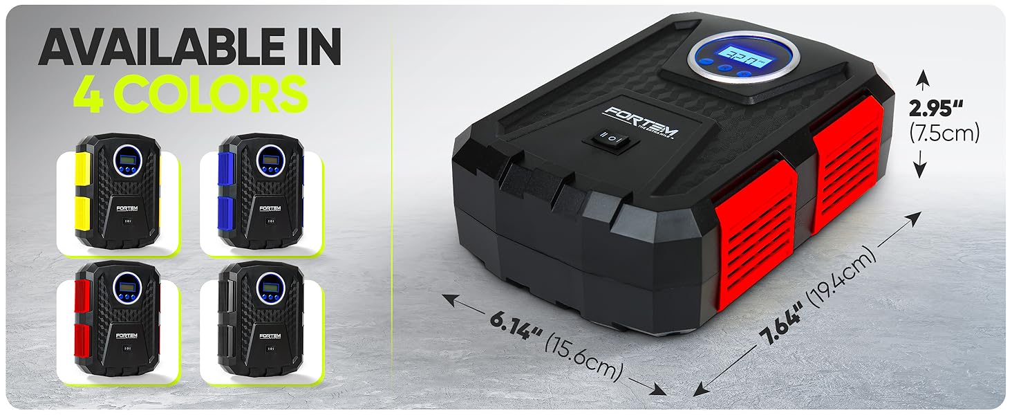 Car tire inflator available in multiple colors. Compact design perfect for every car