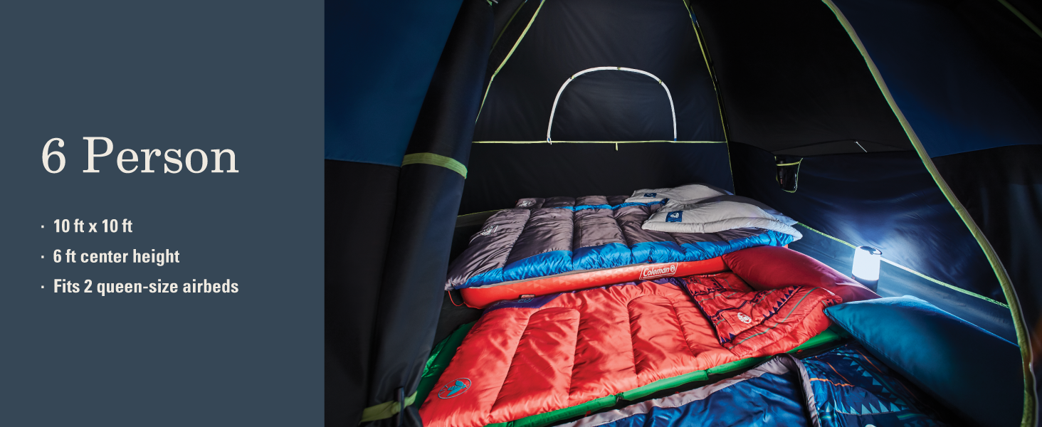 six person tent capacity size height airbed sleep room comfort dark family kids adult large room air