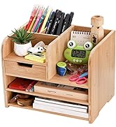 Frcctre Bamboo Desktop Organizer with Drawer, 3 Tier Wooden Desk File Document Organizer with Pen...