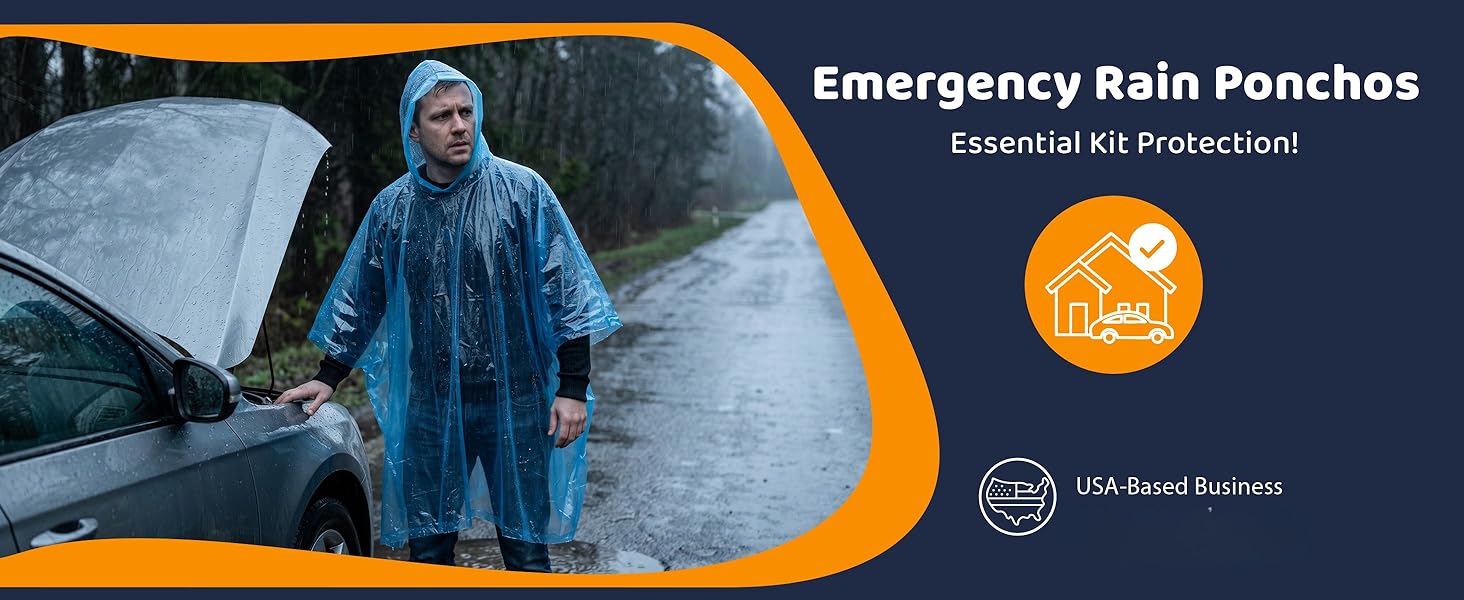 Man in rain poncho beside a broken-down car