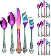 A · HOUSEWARE Rainbow Silverware Set for 4 Vintage Hollow Handle Relief Elegance Design Stainless...