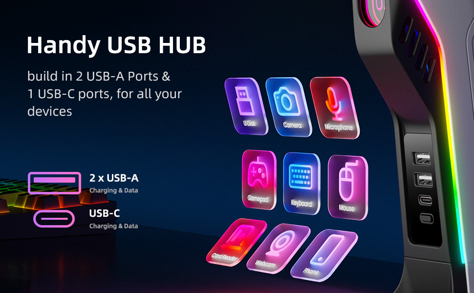 IFYOO RGB Gaming Headset Stand with USB Hub, Game Headphone Mount for PC Computer, Xbox One, PS5