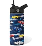 Racing Car Gifts for Boys - 16oz Kids Water Bottle with Straw Lid, Stainless Steel Insulated Bott...