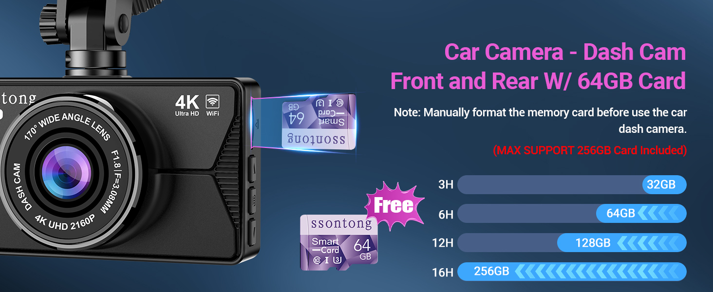 4K dash cam with front and rear cameras. Features 64GB card, night vision, and multiple recording modes. Graphic shows storage capacity for different video qualities.