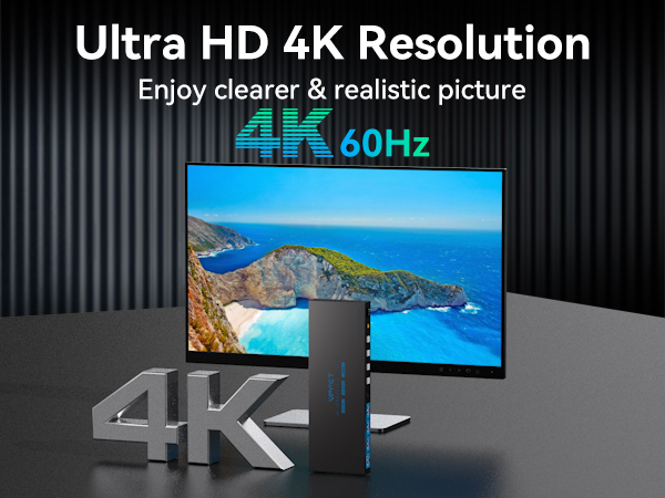 4K Ultra HD display advertisement showing coastal landscape scene, featuring 60Hz refresh rate and realistic picture quality demonstration.
