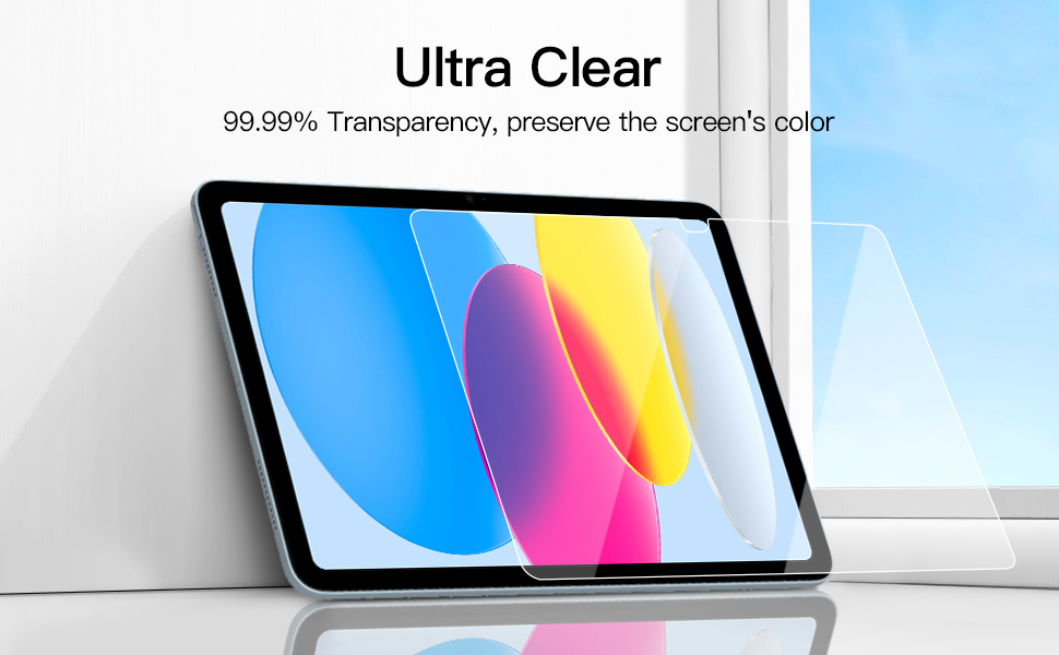 Tablet screen protector advertised as Ultra Clear with 99.99% transparency, shown on a tablet displaying colorful abstract shapes.
