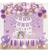 Dusty Purple Birthday Party Decorations, Lavender Pink Sand Confetti Rose Gold Balloons Happy Bir...