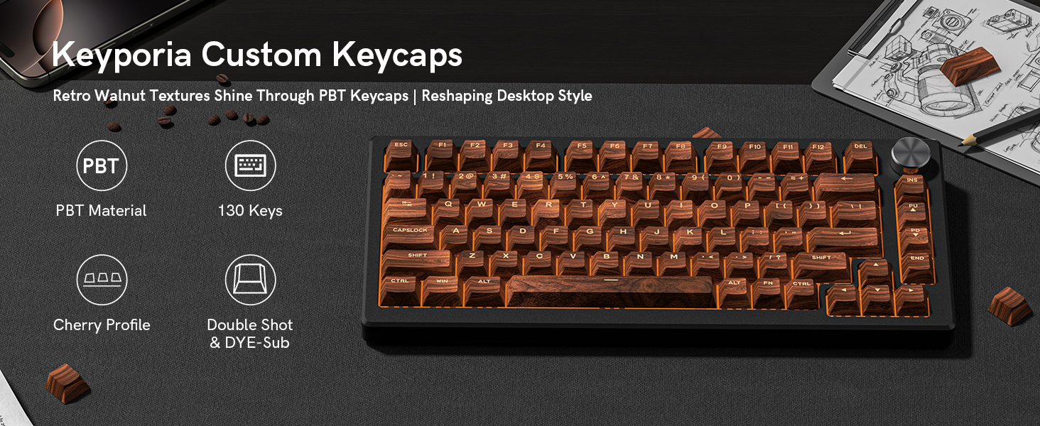 Keyporia custom keycaps, with 130 keys, Cherry profile, PBT material, double - shot &amp;amp; dye - sub