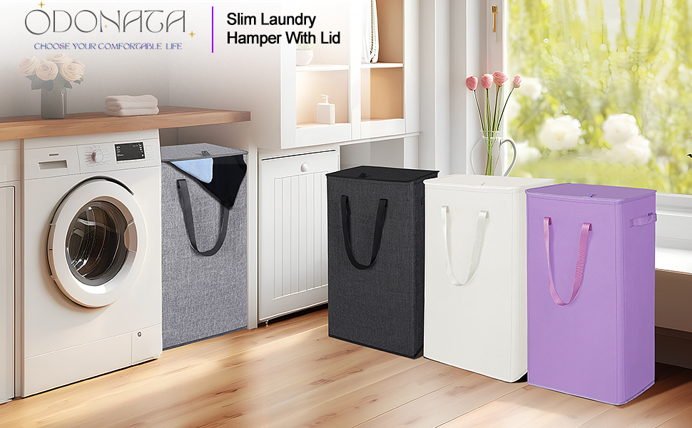 Slim laundry hamper with lid