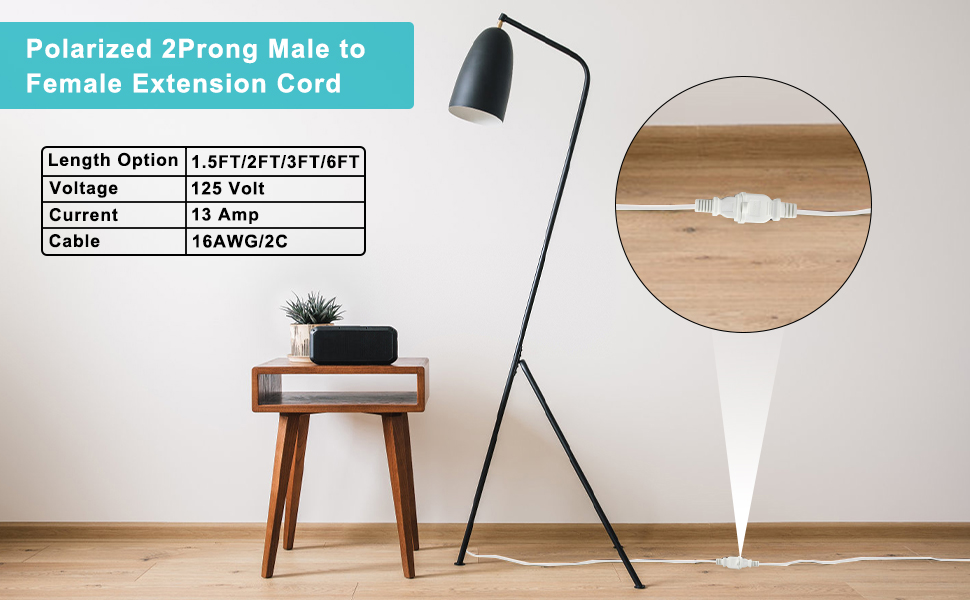 13A/125V 16AWG Polarized Two Prong AC Extension Cable