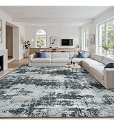 Area Rug 8x10 Living Room Rug Washable: No-Slip Modern Abstract Soft Thin Large Black Rugs Indoor...