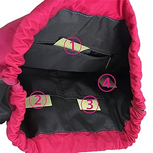 4 inside pocket, one with zipper, and one without a bottom for a water bottle or folding umbrella