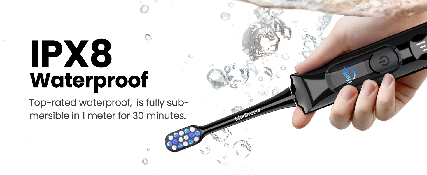 Text reads "IPX8 Waterproof" and "Top-rated waterproof. is fully submersible in 1 meter of water for 30 minutes.". Hand holding black waterproof device sprayed with water drops.