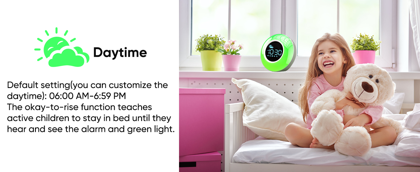 the green light plus sun symbol on the display teaches kids it's right time to wake up