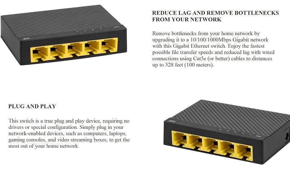 5-Port 10/100/1000Mbps Gigabit Compact size Plug and play IEEE 802.3x flow control