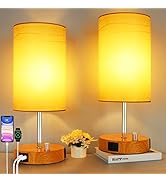 HiBay 2-Pack 17.75" Dimmable Bedside Table Lamps with 2 USB Charging Ports &amp; AC Outlet, Rustic Wo...