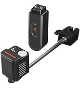Multiple views of a black knife sharpener tool with metal rod and ergonomic handle, showing different angles and assembly positions.