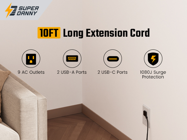 10ft long extension cord power strip