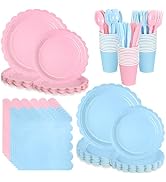 168 PCS Light Pink and Blue Scalloped Plates and Napkins, Pink Disposable Plates Set with Napkins...