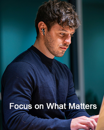Black wireless earbud worn in ear, shown against teal background with text 'Focus on What Matters' overlaid.