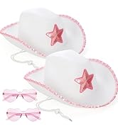 Noamus 2 Pack White Cowgirl Hat with Heart Sunglasses, Cowboy Hat with Pink Sequin Star, Preppy C...