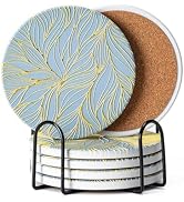 Hoewina 6Pcs Drink Coasters with Holder, Marble Style Ceramic Drink Coaster, Absorbent Coasters S...