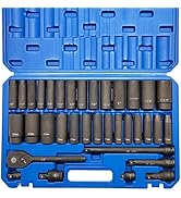 GOSWIFT 35pcs 1/2" Drive Impact Socket Set, Cr-V Steel SAE and Metric Deep Socket, Includes 72 Te...