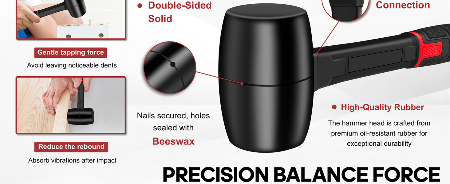 The double-sided solid rubber hammer head delivers a gentle yet precise impact force.