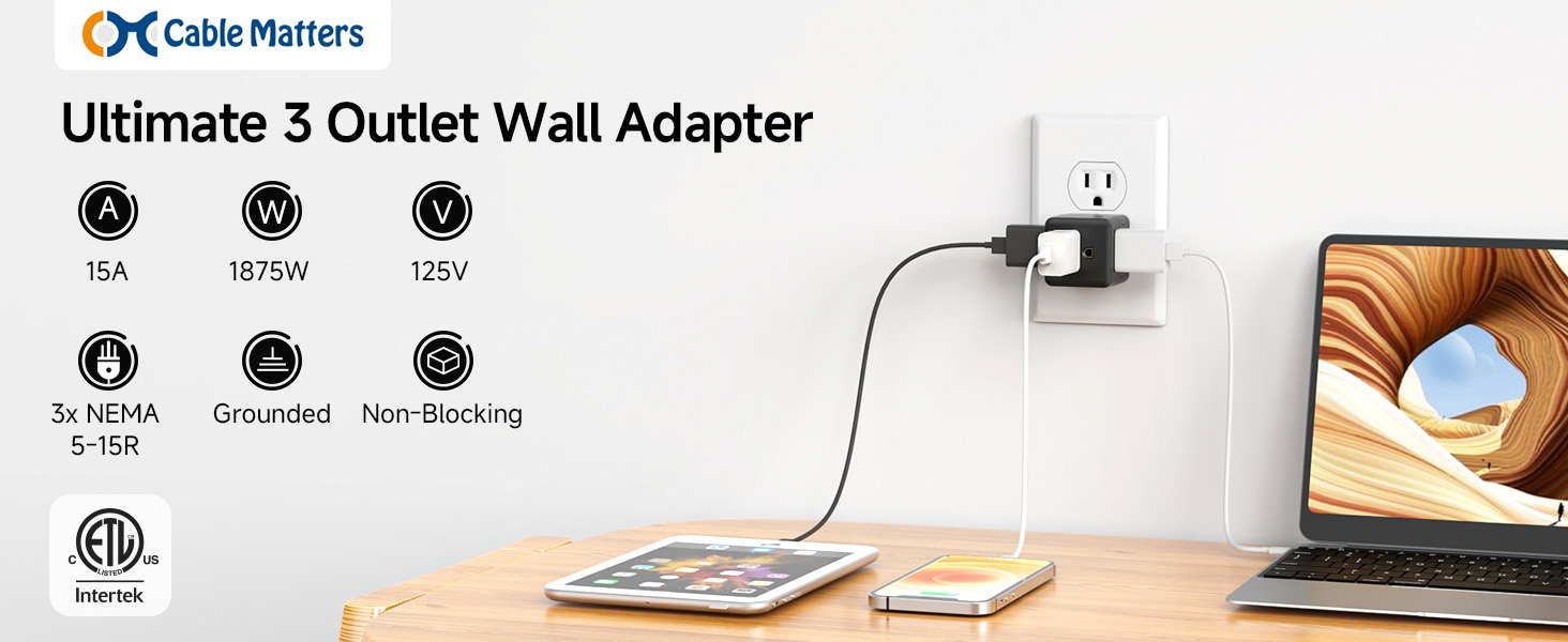 Cable Matters 3 outlet wall adapter, ideal for expanding a single grounded outlet into three
