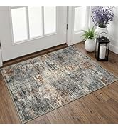 Lansny Abstract Orange Grey Area Rug 2x3, Washable Entryway Rug Printed Faux Wool Floral Indoor D...