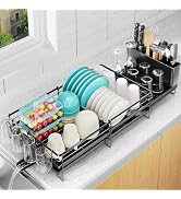 Pantasia Large Dish Drying Rack - Extendable Dish Rack for Kitchen Counter, Dish Drainer with Dra...