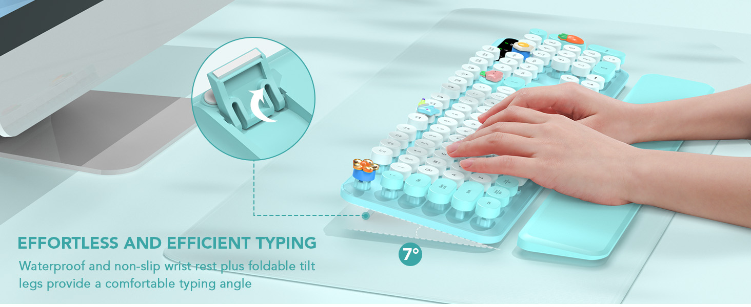 Waterproof and non-slip wrist rest plus foldable tilt legs provide a comfortable typing angle