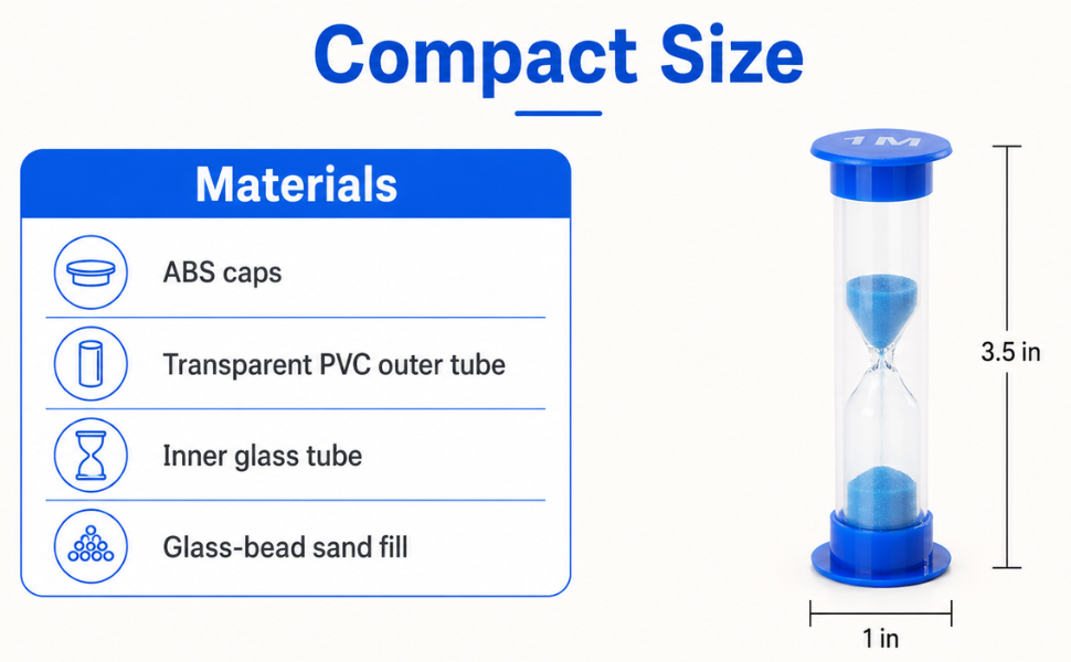 Blue 1 minute sand timer with size and material details