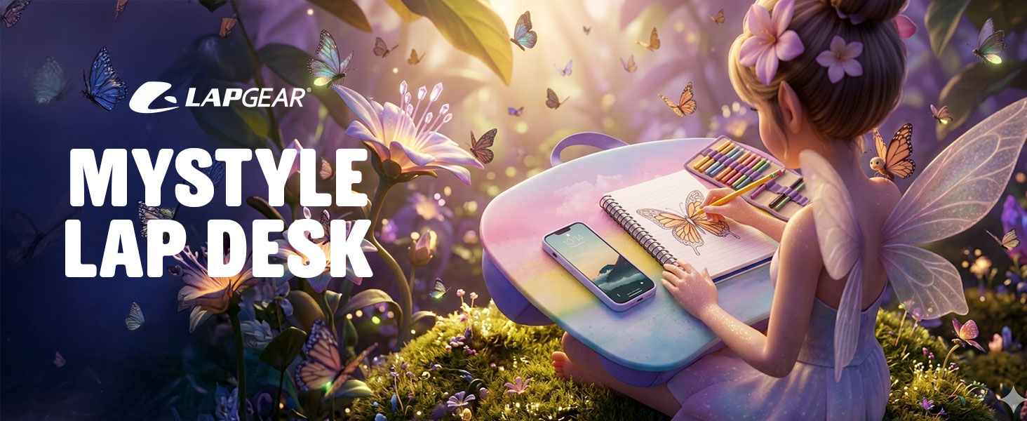 fairy using a mystyle lap desk to draw butterflies
