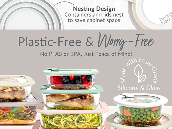 bentgo silicone and glass containers, plastic free food storage, glass food storage, pfas free