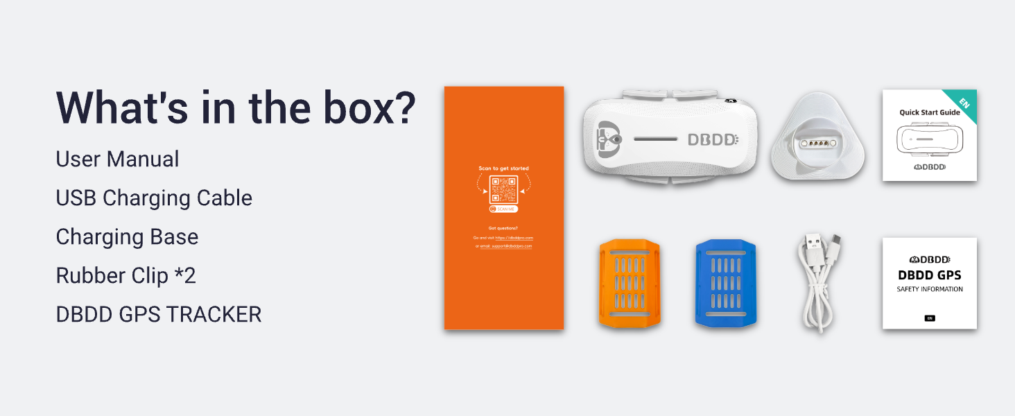 What&amp;#39;s in the box? User Manual, USB Charging Cable, Charging Base, Rubber Clip *2, DBDD GPS TRACKER