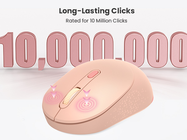 Text reads 'Long-Lasting Clicks' and '10,000,000'. Pink wireless computer mouse with text promoting its durability rating of 10 million clicks.